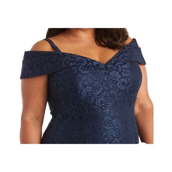 R&M Richards Navy Off the Shoulder Fishtail Evening Gown with Full Body Shimmer - Picture 3 of 12